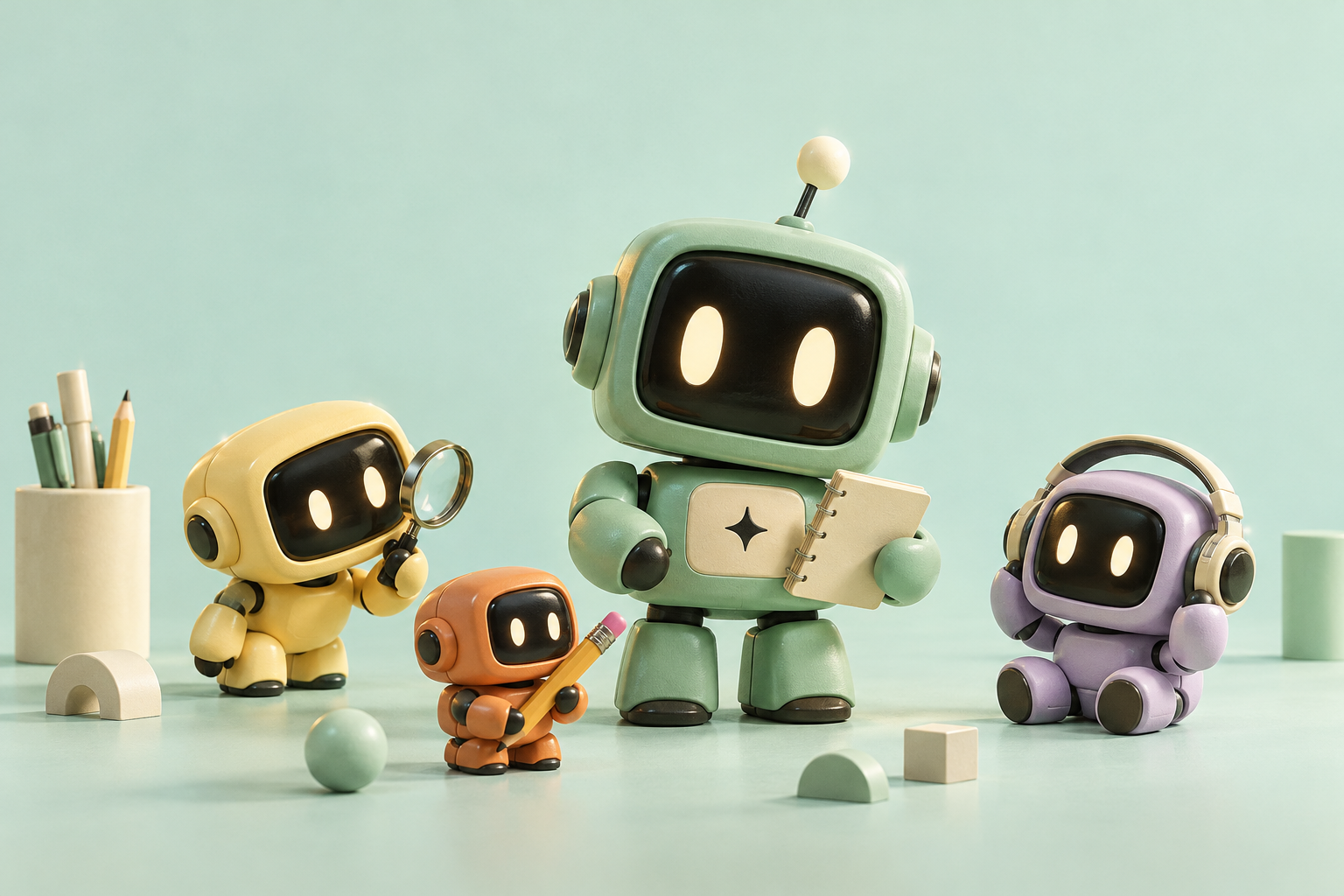 Four small mint, yellow, orange and lavender robot teammates in a creative studio